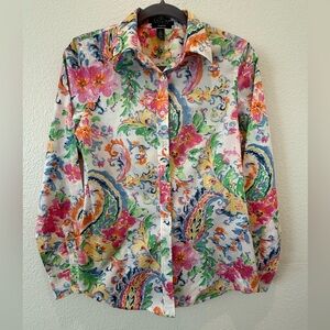 Ralph Lauren blouse top button down pink blue floral size 6 cotton natural fiber